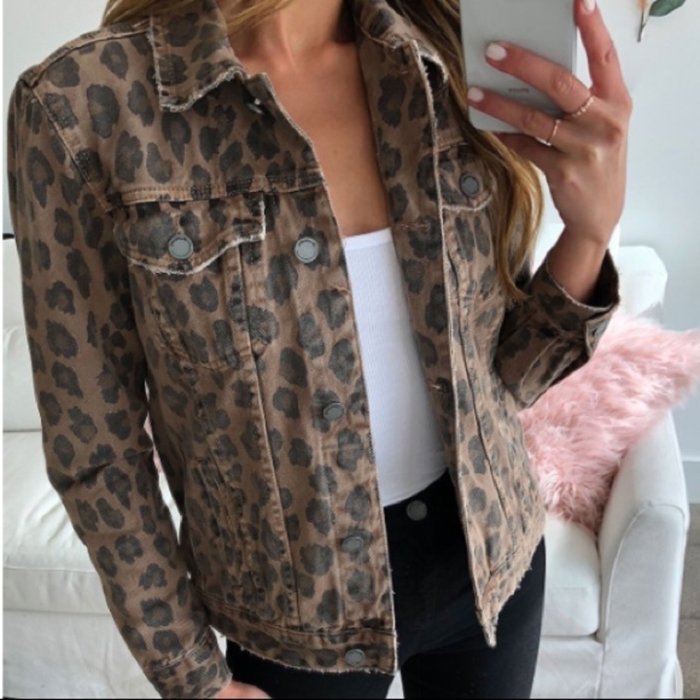 BLANK NYC Leopard Print Denim Trucker Jacket